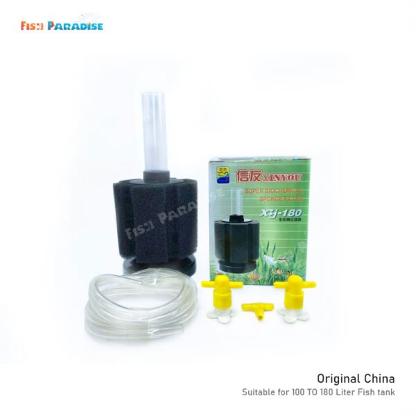80)- Suitable for 100 TO 180 Liter Fish tank. 1 XY-2835 Sponge Filter, 10 Feet Pipe, 2 Air flow (1) Aquarium Biochemical Super Sponge Filter (XINYOU XY-180)- Suitable for 100 TO 180 Liter Fish tank. 1 XY-180 Sponge Filter, 10 Feet Pipe, 2 Air flow Controller, 1 T Connector.