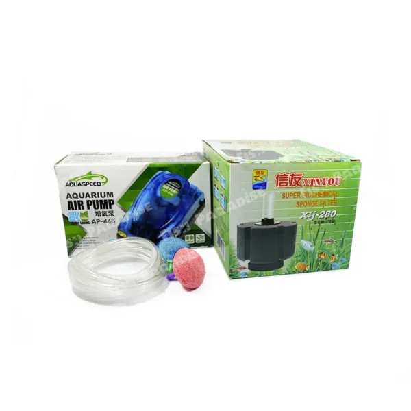 Stones (1) Aquarium Air Pump & 1 Original Chaina Sponge Filter XY-280, 15 Feet Pipe, 2 Air Bubble Stones (Double Output Full Set)